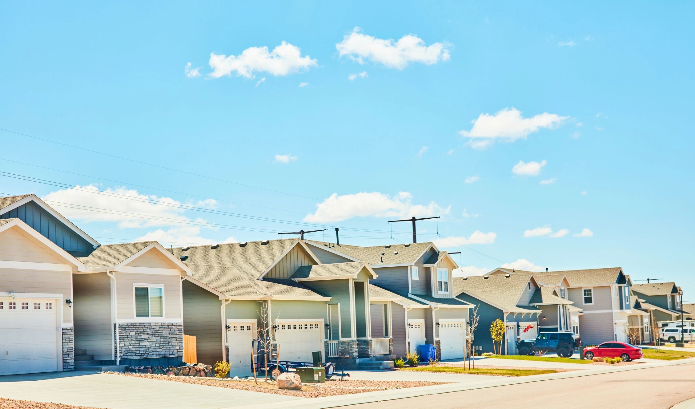 Row of modern new homes in a neighborhood