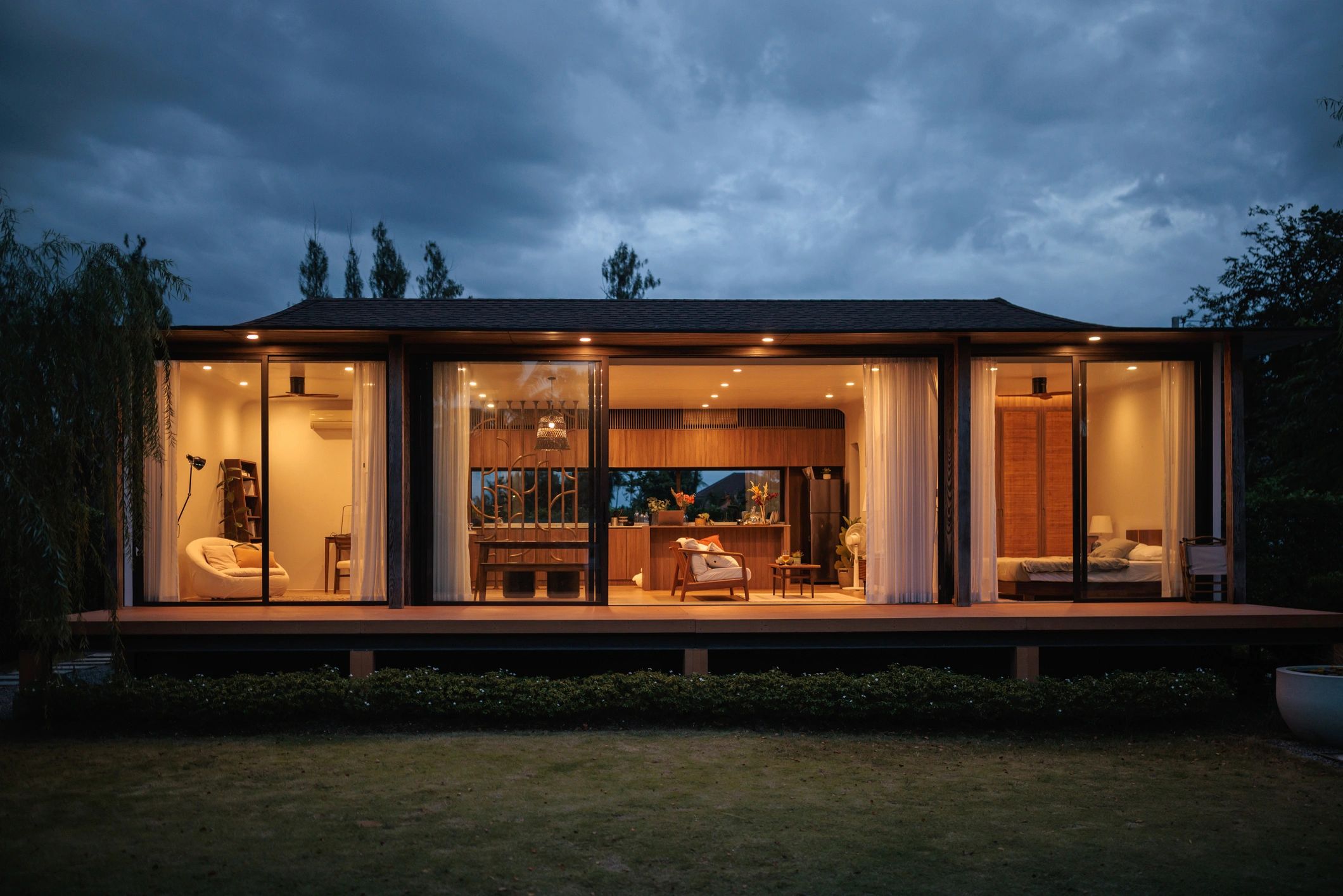 Modern home exterior at dusk