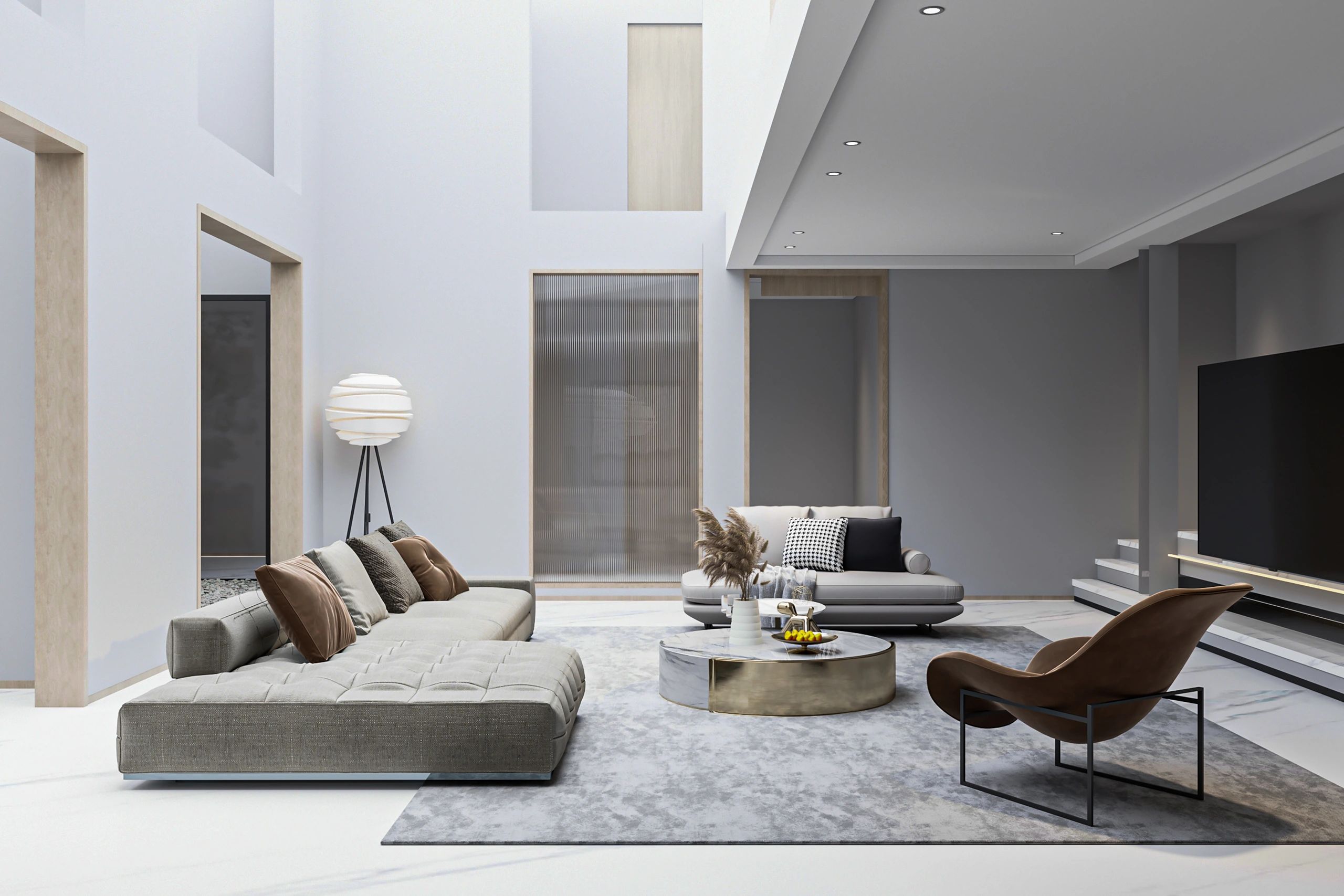 Modern staged living room with high ceilings